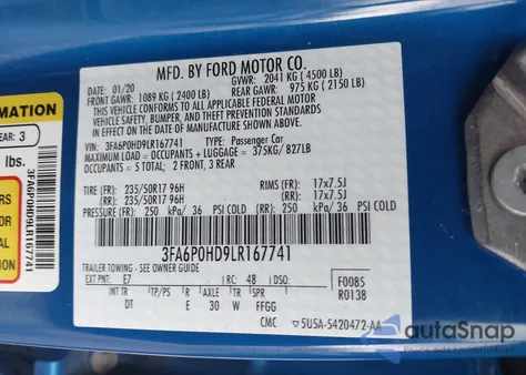 2020 Ford Fusion Se from USA, damaged, VIN 3FA6P0HD9LR167741